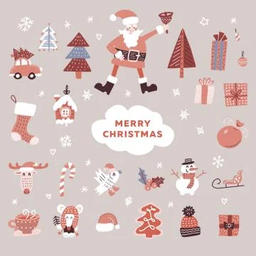 Set of Christmas graphic elements, Santa, xmas trees, snowman, and others des Stock Illustration