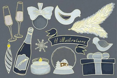 A set of Christmas illustrations in different colors, blue and gold, birds, c Stock Illustration