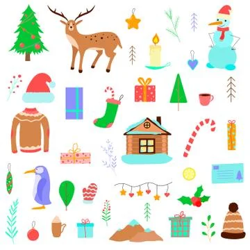 Set of Christmas illustrations. Vector cartoon icons. Isolated objects on whi Stock Illustration