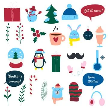 Set of Christmas illustrations. Vector cartoon icons. Winter symbols. Stock Illustration