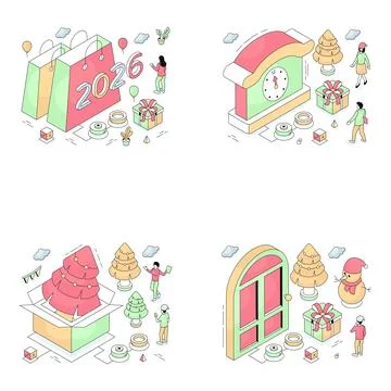 Set of Christmas Isometric Illustrationss Stock Illustration