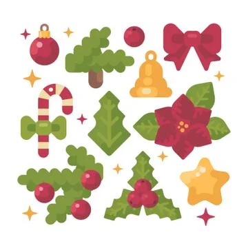 Set of Christmas items flat illustration. Holiday decoration icons. Poinsetti Stock Illustration