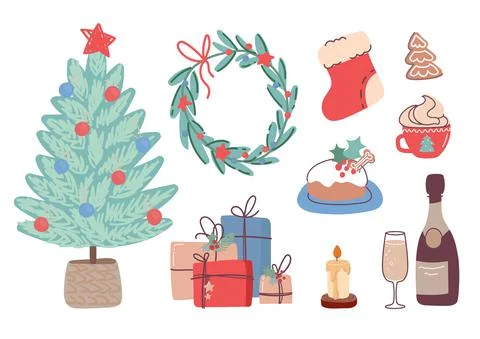 Set of Christmas items. Vector illustrations in flat style isolated on white Stock Illustration