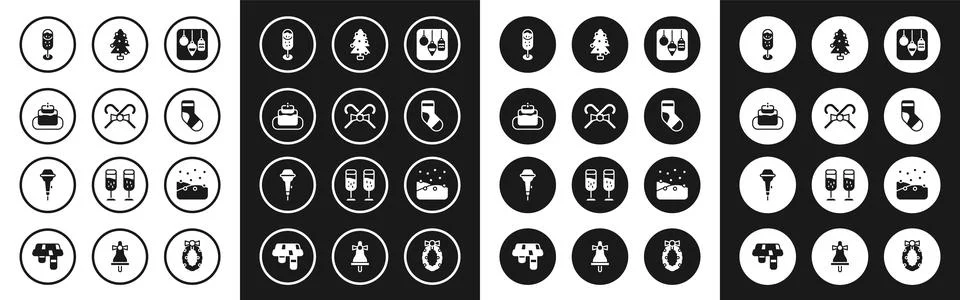 Set Christmas lights, candy cane, Cake, Glass of champagne, stocking, tree,.. Stock Illustration