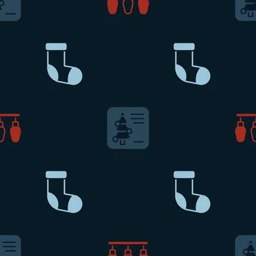 Set Christmas lights, postcard and stocking on seamless pattern. Vector Stock Illustration