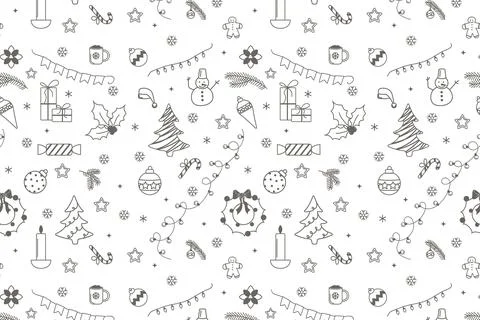 Set of Christmas minimalistic Christmas elements in doodle style on white Stock Illustration