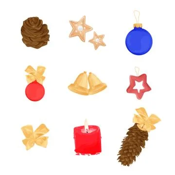 Set of Christmas objects - candle, corn, Christmas tree toy, decoration Stock Illustration