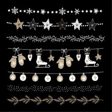 Set of Christmas or New Year decorative borders, strings or garlands. Party Stock Illustration