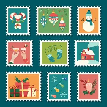 Set of Christmas postage stamps featuring ornaments, mittens, snowman, gifts, Stock Illustration