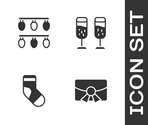 Set Christmas postcard, lights, stocking and Glass of champagne icon. Vector Stock Illustration