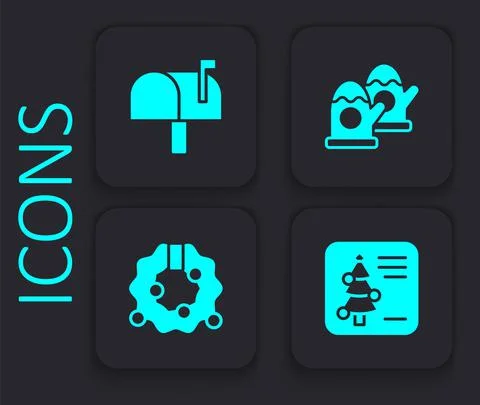 Set Christmas postcard, Mail box, mittens and wreath icon. Black square button Stock Illustration