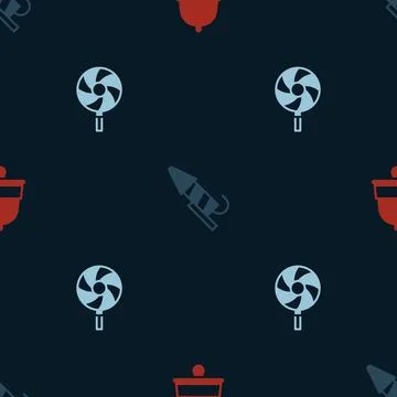 Set Christmas ringing bell, Firework rocket and Lollipop on seamless pattern. Stock Illustration