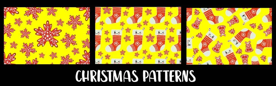 Set of christmas seamless pattern. Bright colours. Children's design.. Stock Illustration