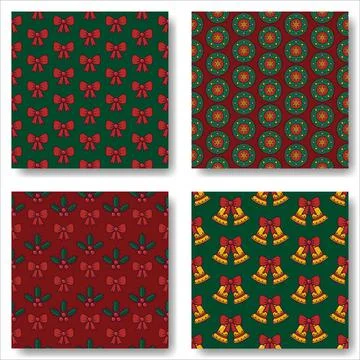 Set of Christmas seamless pattern. Festive wreaths, bells and bows. vector イラスト素材