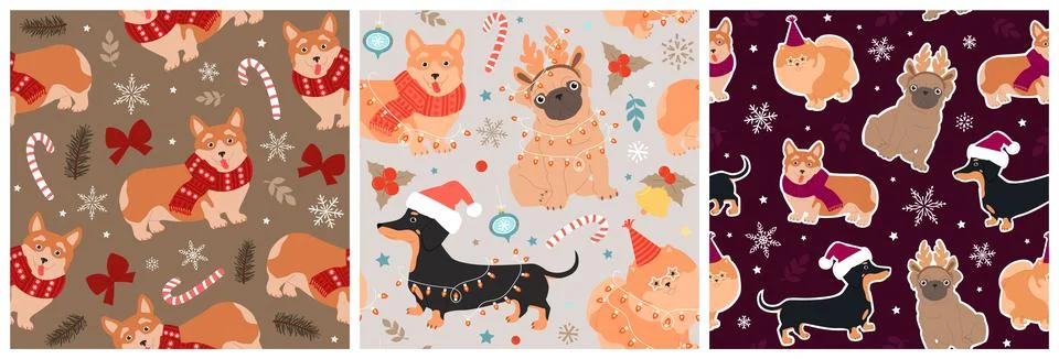 Set of Christmas seamless patterns with cute dogs. Modern vector illustration Illustrazione stock