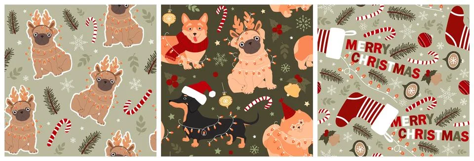 Set of Christmas seamless patterns with cute funny dogs. Modern vector illu.. Illustrazione stock