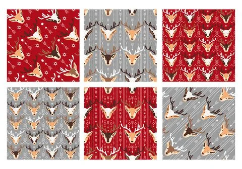 Set of Christmas seamless patterns with deer heads Stock Illustration