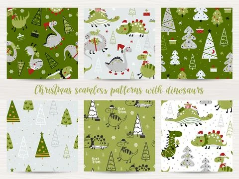Set of christmas seamless patterns with dinosaurs. Stock Illustration
