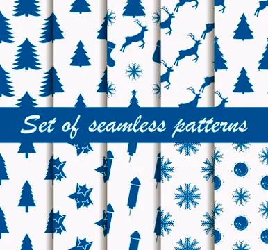 Set of Christmas seamless patterns with fir-trees, deer and celebratory symbo Stock Illustration