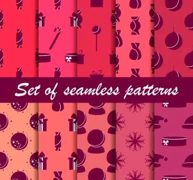 Set of Christmas seamless patterns. Sweets, gift boxes with toys. Ten winter  Stock-Illustration