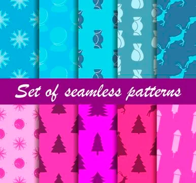 Set of Christmas seamless patterns. Sweets, gift boxes with toys. Ten winter  Stock Illustration