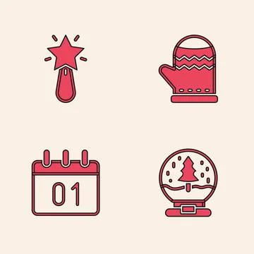 Set Christmas snow globe, star, mitten and Calendar icon. Vector Stock Illustration