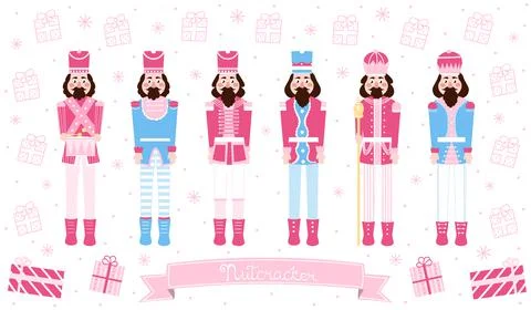 Set of christmas soldier figures - nutcracker doll in cartoon style with lett Illustrazione stock
