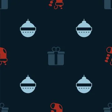 Set Christmas stocking, Gift box and ball on seamless pattern. Vector Illustrazione stock