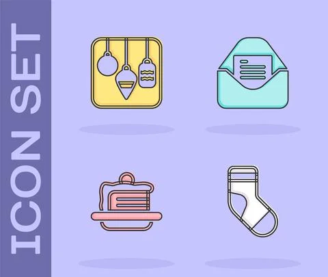 Set Christmas stocking, lights, Cake and party invitation card icon. Vector イラスト素材