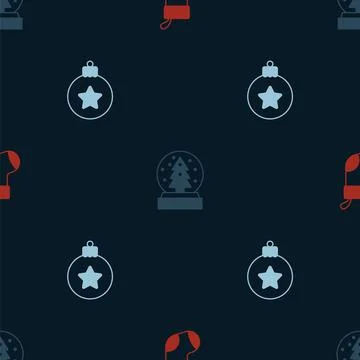 Set Christmas stocking, snow globe and ball on seamless pattern. Vector Stock Illustration