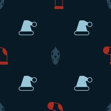 Set Christmas stocking, toy and Santa Claus hat on seamless pattern. Vector Stock Illustration