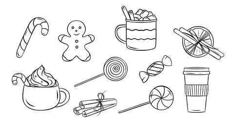 Set of Christmas sweets and drinks, striped lollipops, warm cocoa with mars.. Stock Illustration