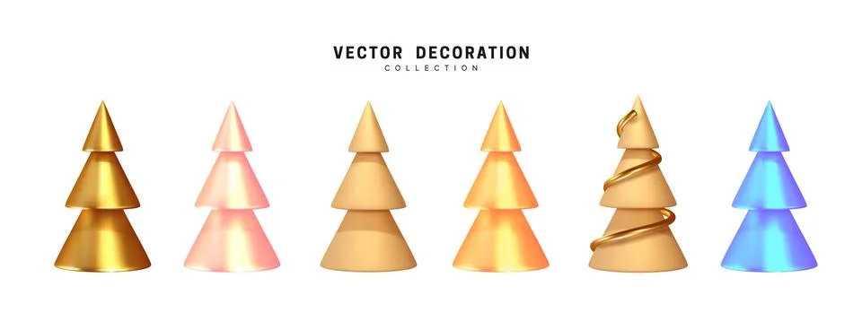 Set of Christmas tree. 3d render collection of golden and beige sharp cone sh Stock Illustration