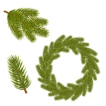 Set of Christmas tree branches. Branches and a wreath of spruce or pine. Ch.. Stock Illustration