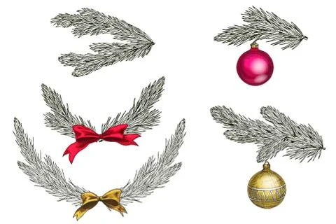 Set of Christmas tree branches with decoration. Symbol of Christmas  Illustrazione stock