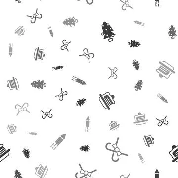 Set Christmas tree, candy cane, Cake and Firework rocket on seamless pattern Illustrazione stock