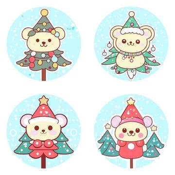 Set of Christmas Tree Cute Teddy Bear Doll Festive illustration vector Stock Illustration