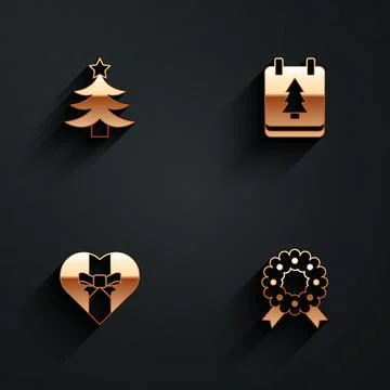 Set Christmas tree, day calendar, Gift box and wreath icon with long shadow Stock Illustration