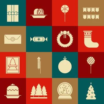 Set Christmas tree with decorations, Lollipop, stocking, Candy, Envelope ch.. Stock Illustration