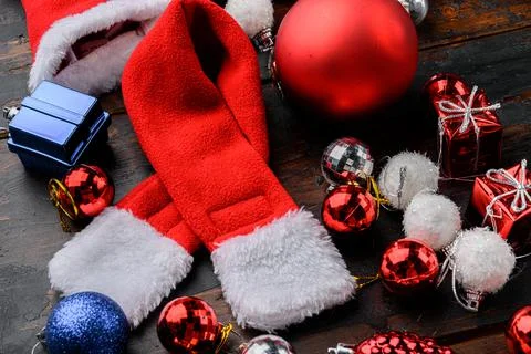 Set of Christmas tree decorations, on old dark wooden table background Stock Photos