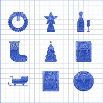 Set Christmas tree with decorations, postcard, Clock, book, santa claus sle.. Stock Illustration