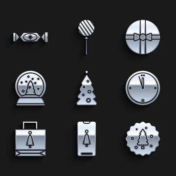 Set Christmas tree with decorations, Smartphone gift box, Cookie biscuit ch.. Illustrazione stock