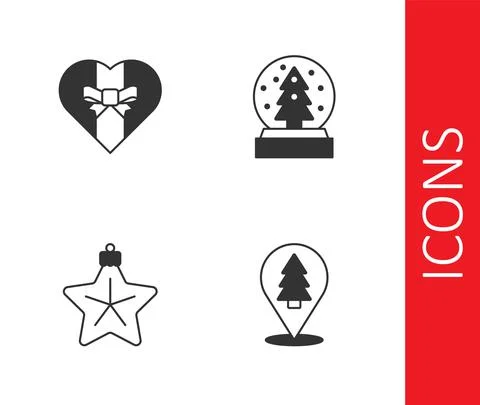 Set Christmas tree, Gift box, star and snow globe icon. Vector Stock Illustration