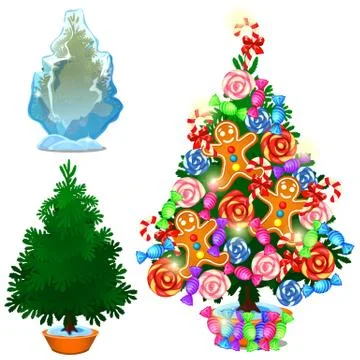 Set of Christmas tree in ice and decorated with sweets and toys isolated on a Stock Illustration