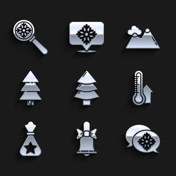 Set Christmas tree, Merry ringing bell, Snowflake with speech bubble, Meteo.. Stock Illustration