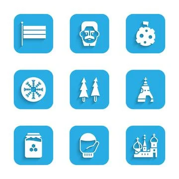 Set Christmas tree, mitten, Saint Basil's Cathedral, The Tsar bell, Jar of honey Illustrazione stock
