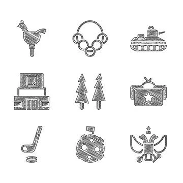 Set Christmas tree, Moon with flag, National emblem of Russia, Ushanka, Ice Ilustração Stock