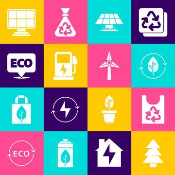 Set Christmas tree, Plastic bag with recycle, Recycle and leaf, Solar energy Stock Illustration