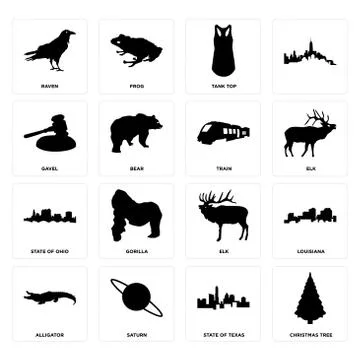 Set of christmas tree, state texas, alligator, elk, ohio, train, gavel, tank  Free Stock Illustration