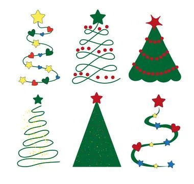 Set of Christmas trees icons and stickers. Abstract Christmas trees with toys. Stock Illustration